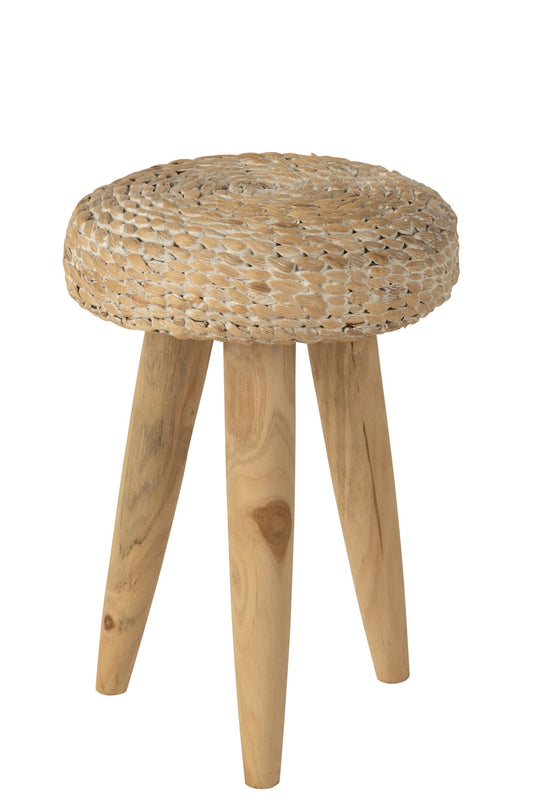 Stool Round Teak Wood/Water Hyacinth White