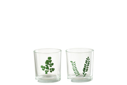 Theelichthouder Bladeren Glas Groen/Transparant Assortiment Van Twee