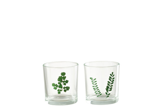 Theelichthouder Bladeren Glas Groen/Transparant Assortiment Van Twee