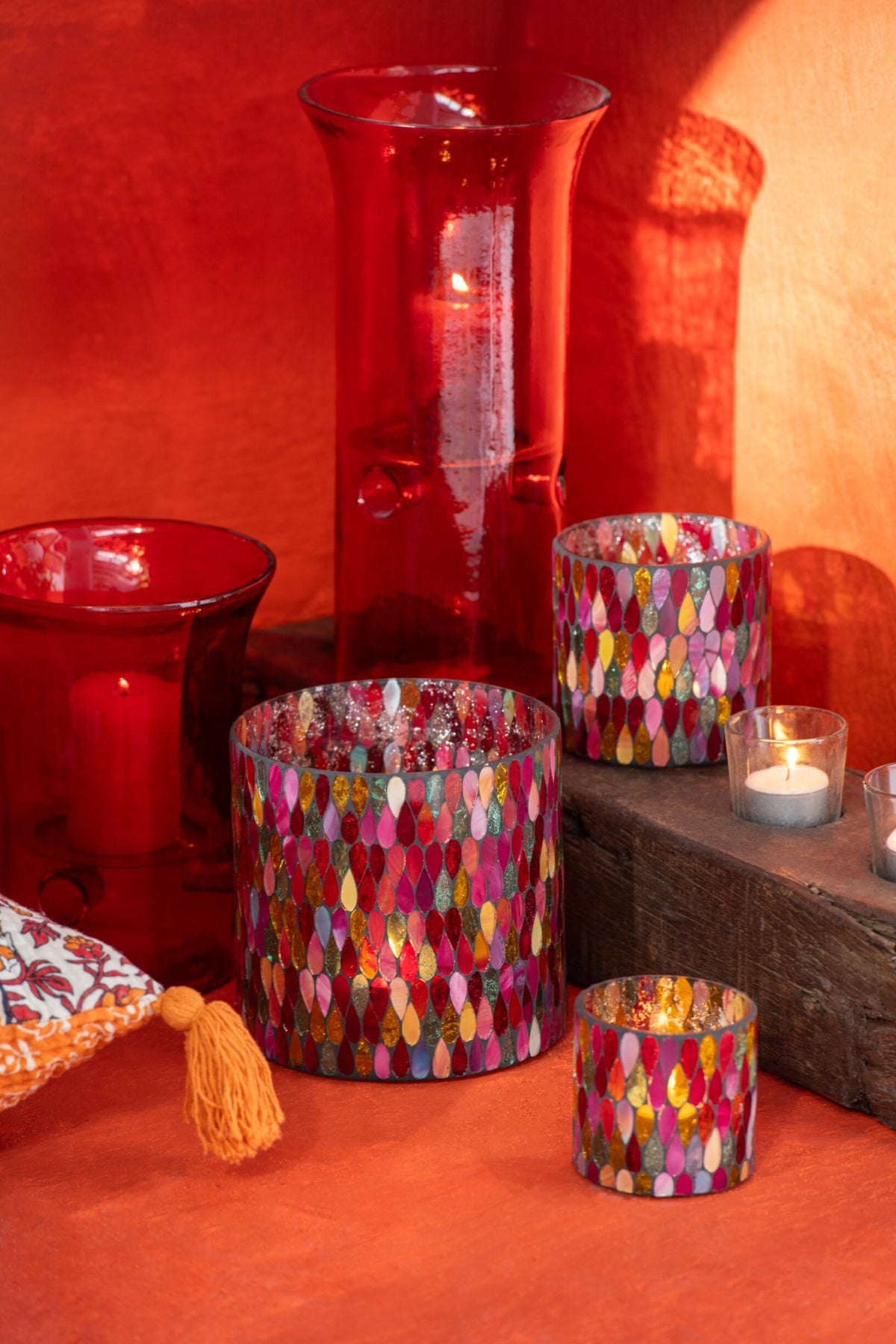 Set Van Drie Kaarshouder Bord Glas/Metaal Rood