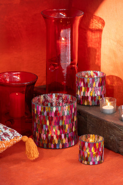 Set Van Drie Kaarshouder Bord Glas/Metaal Rood
