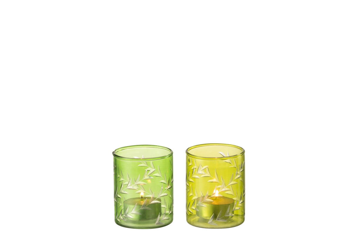 Theelichthouder Bladeren Glas Groen Small Assortiment Van Twee