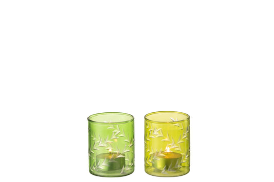 Theelichthouder Bladeren Glas Groen Small Assortiment Van Twee