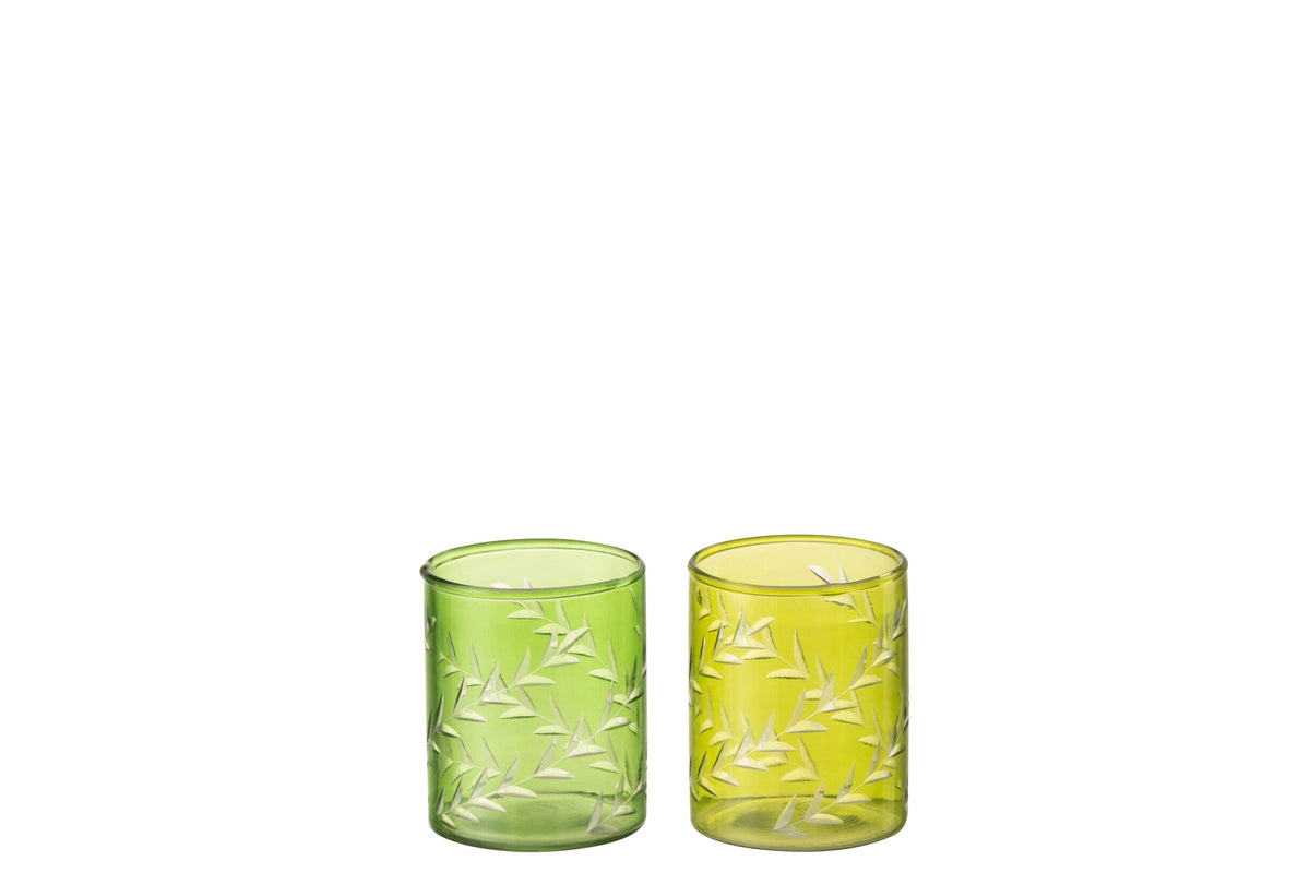 Theelichthouder Bladeren Glas Groen Small Assortiment Van Twee