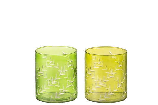 Theelichthouder Bladeren Glas Groen Large Assortiment Van Twee
