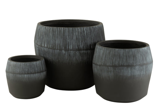 Set Of 3 Flowerpot Fiber Clay Black