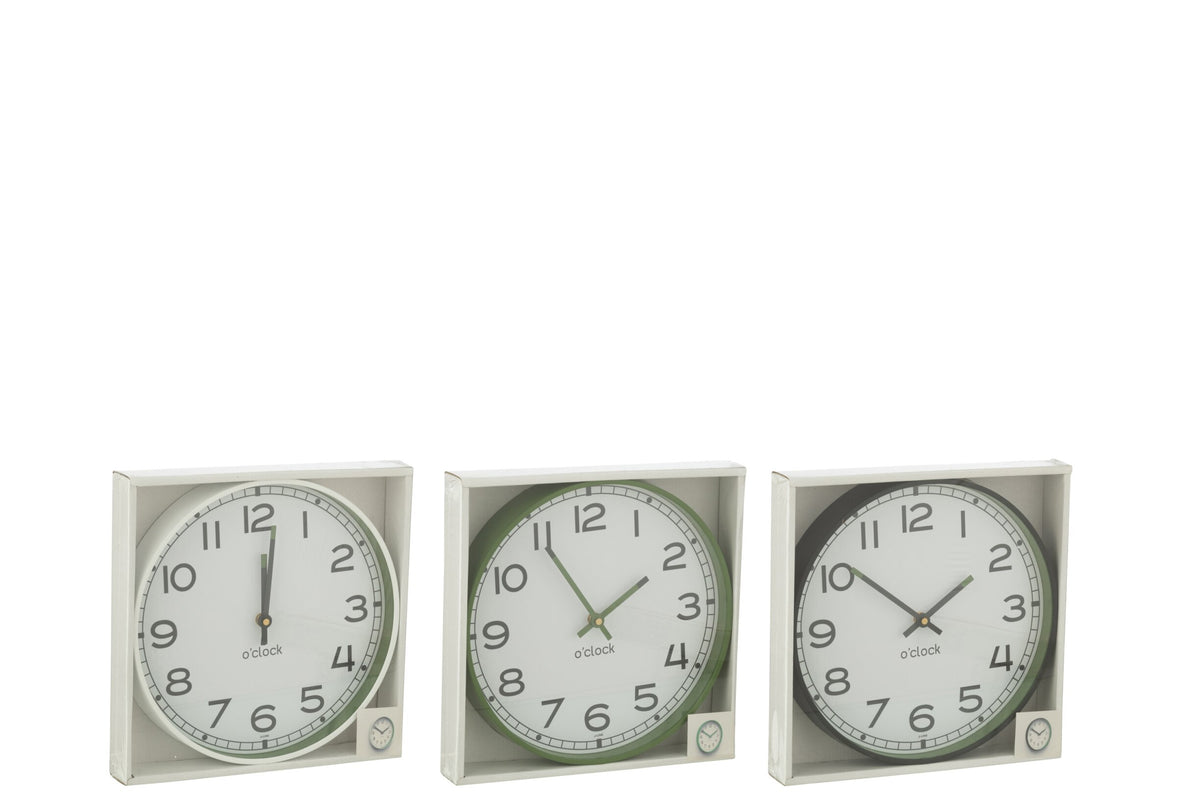 Wall Clock Round Plastic Green/White/Black Small Assortment Of 3