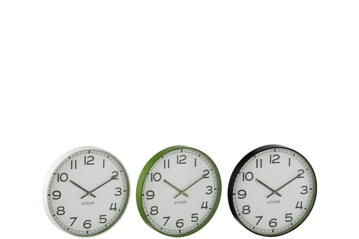 Wall Clock Round Plastic Green/White/Black Small Assortment Of 3