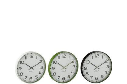 Wall Clock Round Plastic Green/White/Black Small Assortment Of 3