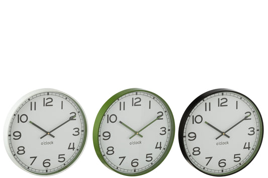 Wall Clock Round Plastic Green/White/Black Large Assortment Of 3