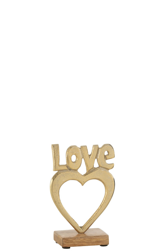 Love Heart On Base Aluminium/Wood Gold Small