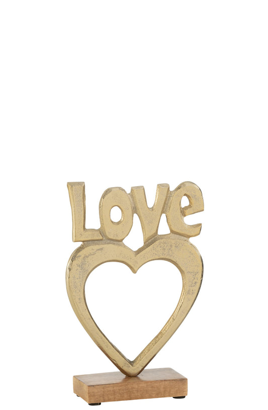 Love Heart On Base Aluminium/Wood Gold Large