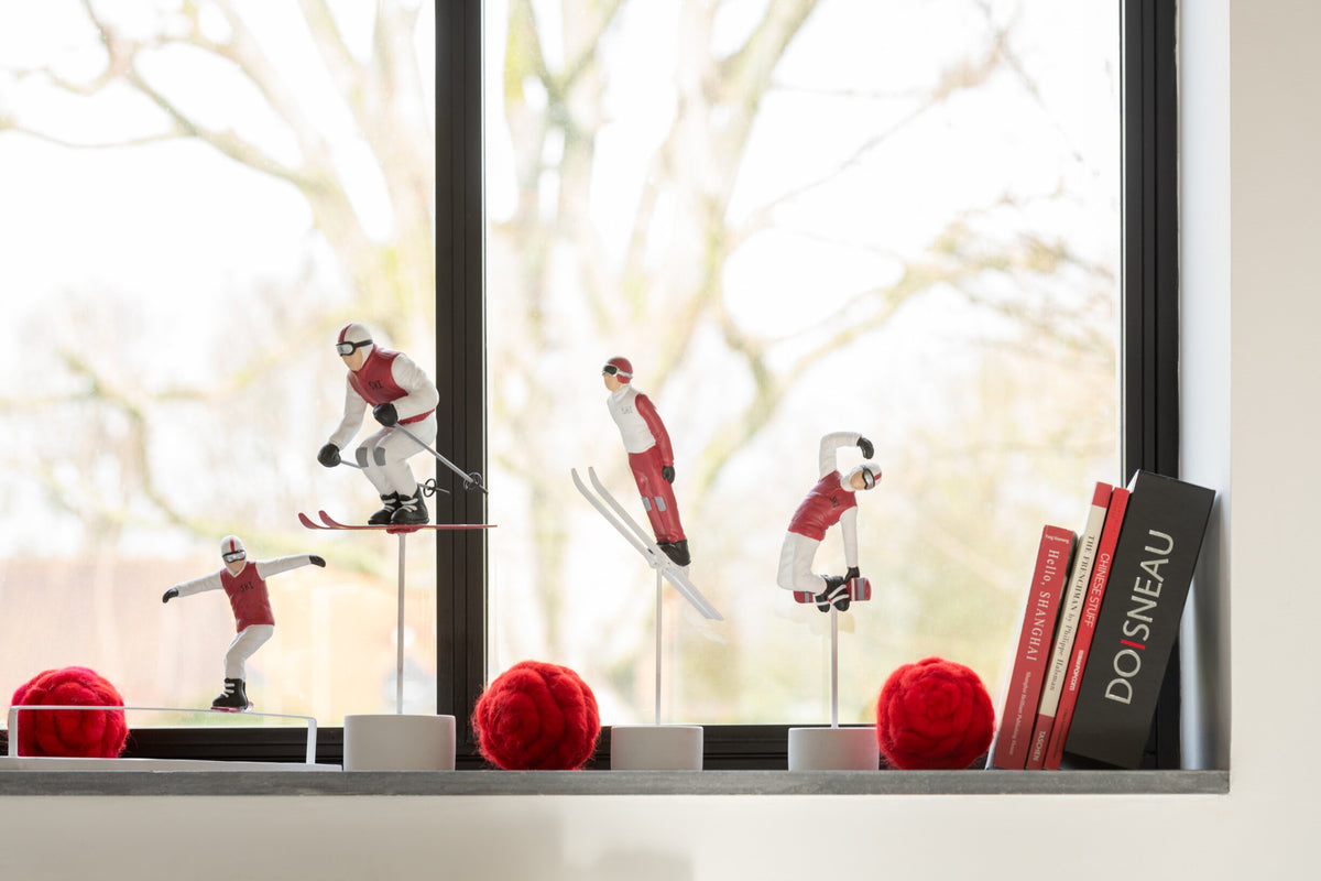 Snowboarder On Stand Resin Red/White Assortment Of 2