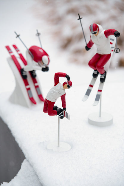 Snowboarder On Stand Resin Red/White Assortment Of 2
