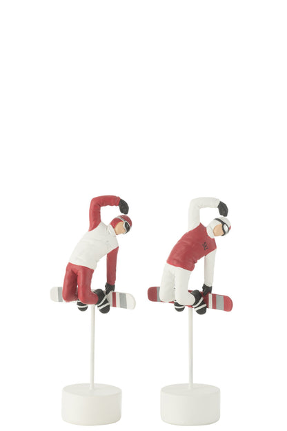 Snowboarder On Stand Resin Red/White Assortment Of 2