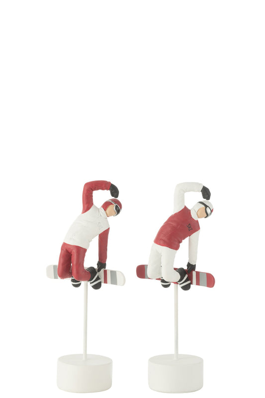 Snowboarder On Stand Resin Red/White Assortment Of 2