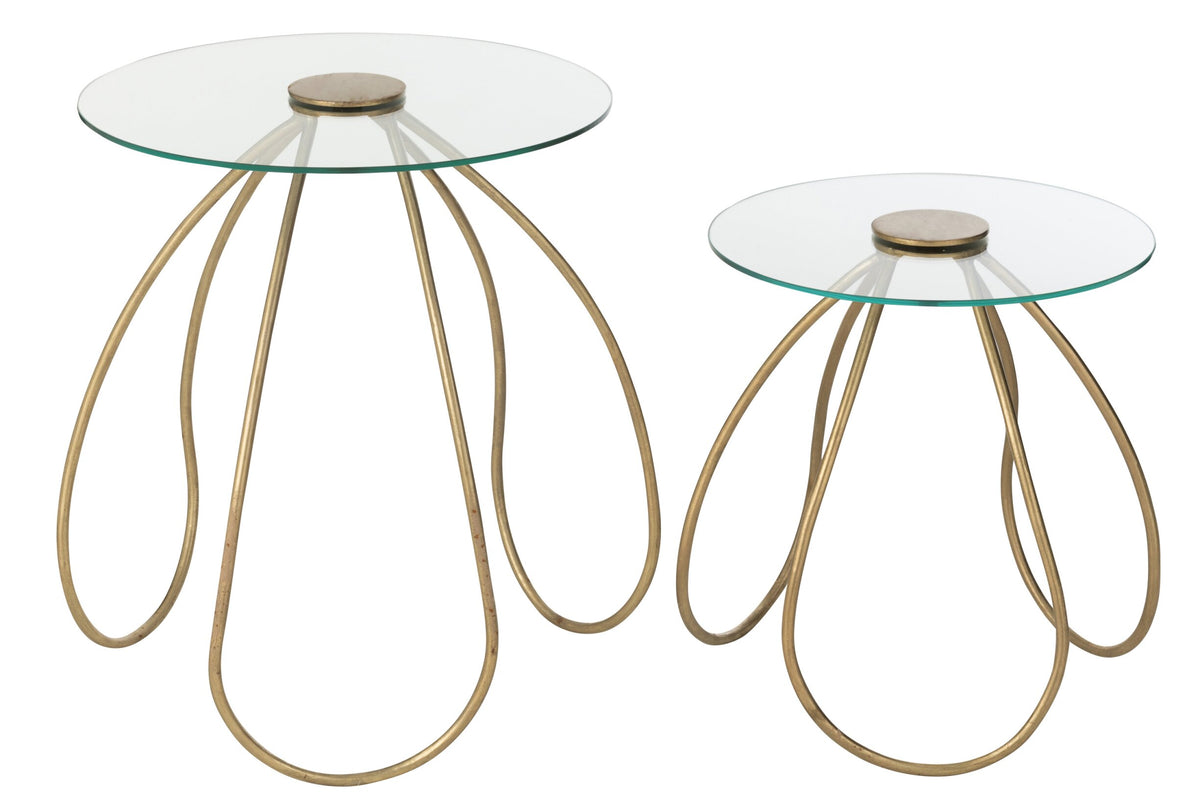 Set Of 2 Side Tables Round Metal/Glass Gold