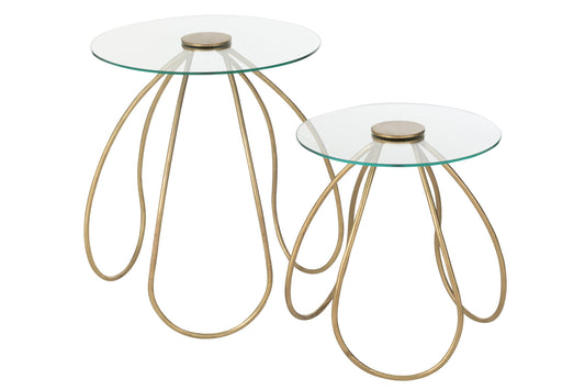 Set Of 2 Side Tables Round Metal/Glass Gold