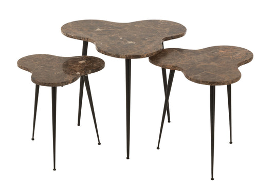 Set Of 3 Side Tables Bee Marble/Metal Brown/Black