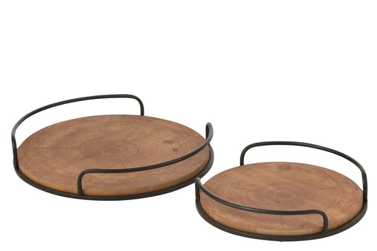 Set van 2 dienbladen rond MDF/ijzer naturel/zwart