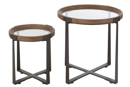 Set Of 2 Coffee Tables Mine Glass/Fir Wood Natural/Black