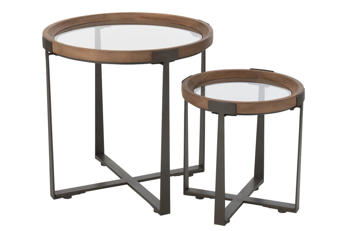 Set Of 2 Coffee Tables Mine Glass/Fir Wood Natural/Black