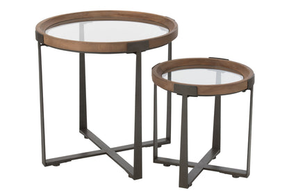 Set Of 2 Coffee Tables Mine Glass/Fir Wood Natural/Black
