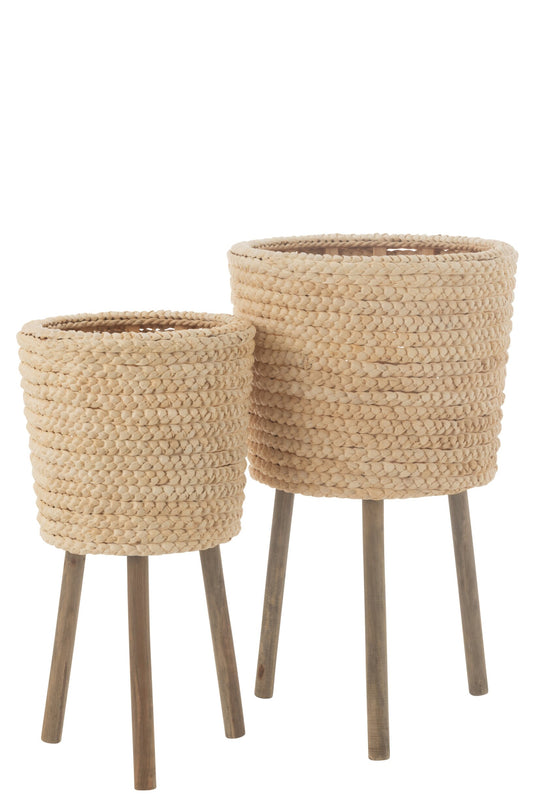 Set Of 2 Planters Round Corn Husk/Plywood Natural