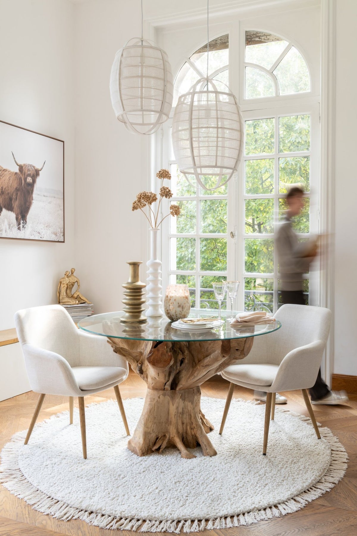 Suspension Ion lin/bambou blanc petite