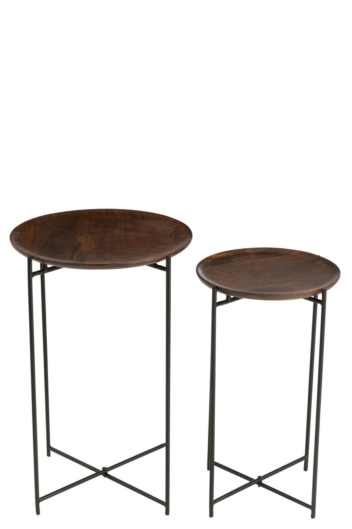 Set Of 2 Side Tables Round Iron/Mango Wood Brown/Black