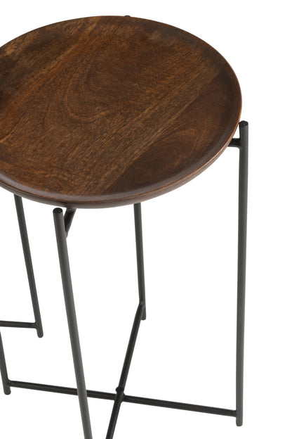 Set Of 2 Side Tables Round Iron/Mango Wood Brown/Black