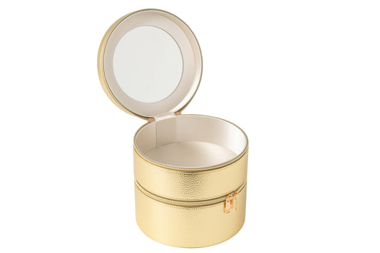 Round cosmetic box + mirror faux leather gold