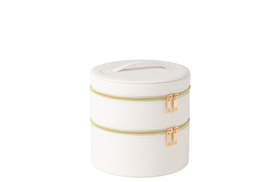 Round cosmetic box + mirror faux leather white