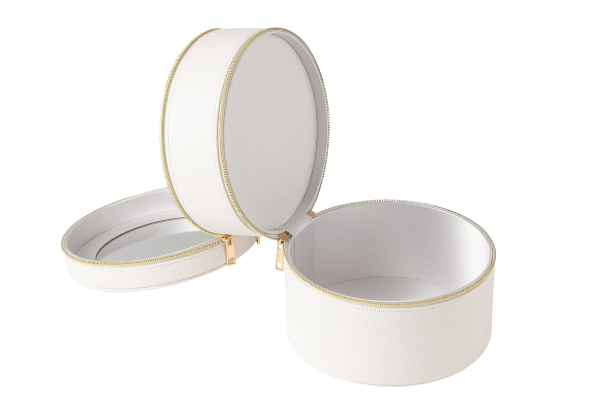 Round cosmetic box + mirror faux leather white