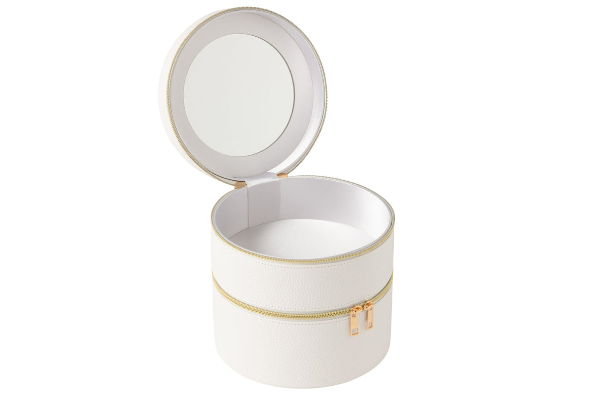Round cosmetic box + mirror faux leather white