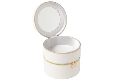 Round cosmetic box + mirror faux leather white