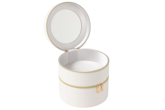 Round cosmetic box + mirror faux leather white