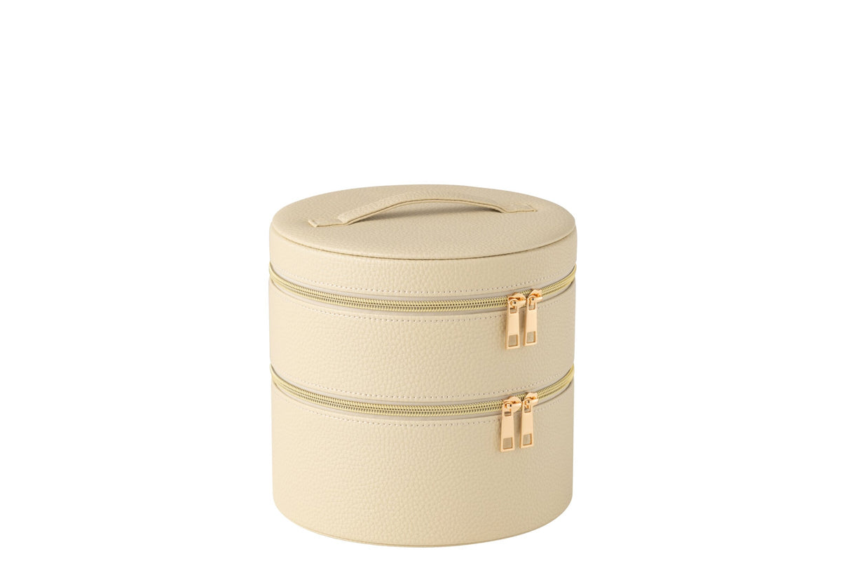 Round cosmetic box + mirror faux leather beige