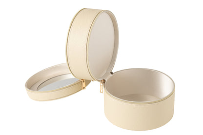 Round cosmetic box + mirror faux leather beige