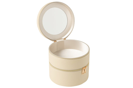 Round cosmetic box + mirror faux leather beige