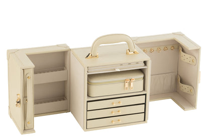 Jewelry case with handle faux leather beige