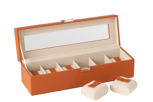Steel box 6 compartments faux leather cognac
