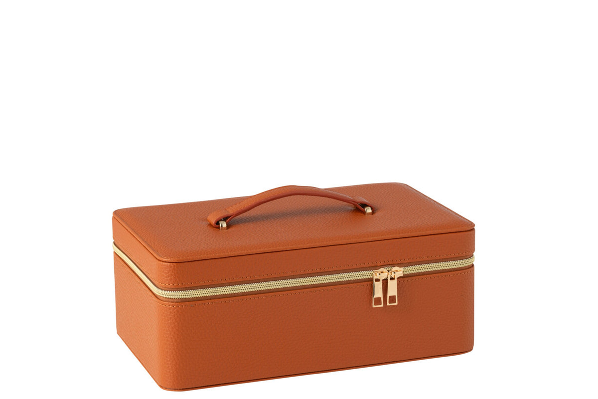 Boîte à cosmétiques rectangulaire + miroir en similicuir cognac