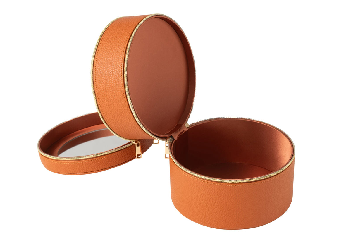 Round cosmetic box + mirror faux leather cognac