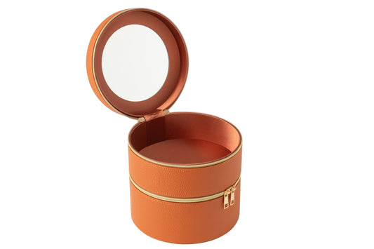 Round cosmetic box + mirror faux leather cognac