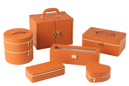Jewelry case with handle faux leather cognac