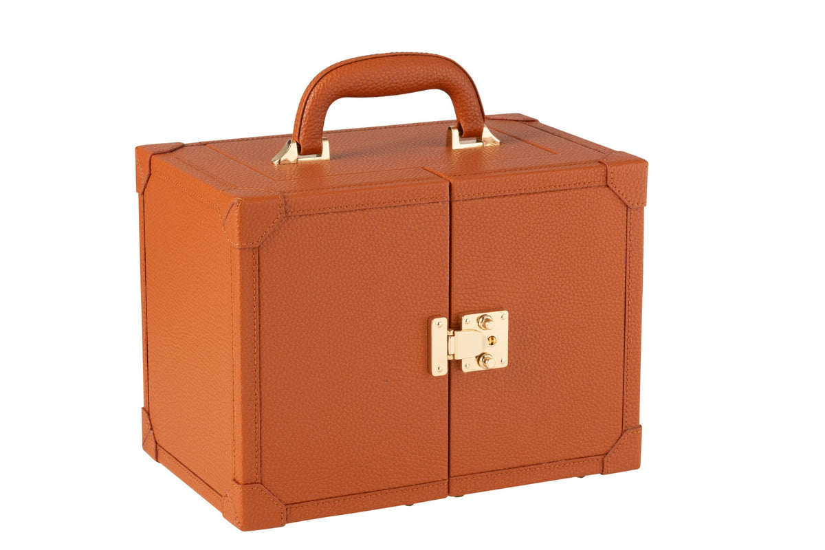 Jewelry case with handle faux leather cognac