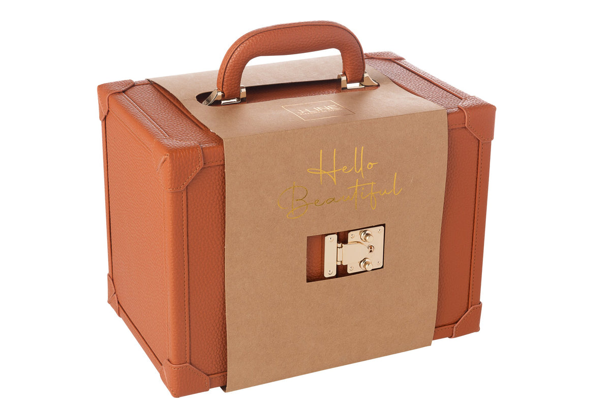 Jewelry case with handle faux leather cognac