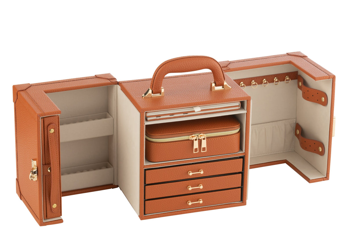 Jewelry case with handle faux leather cognac