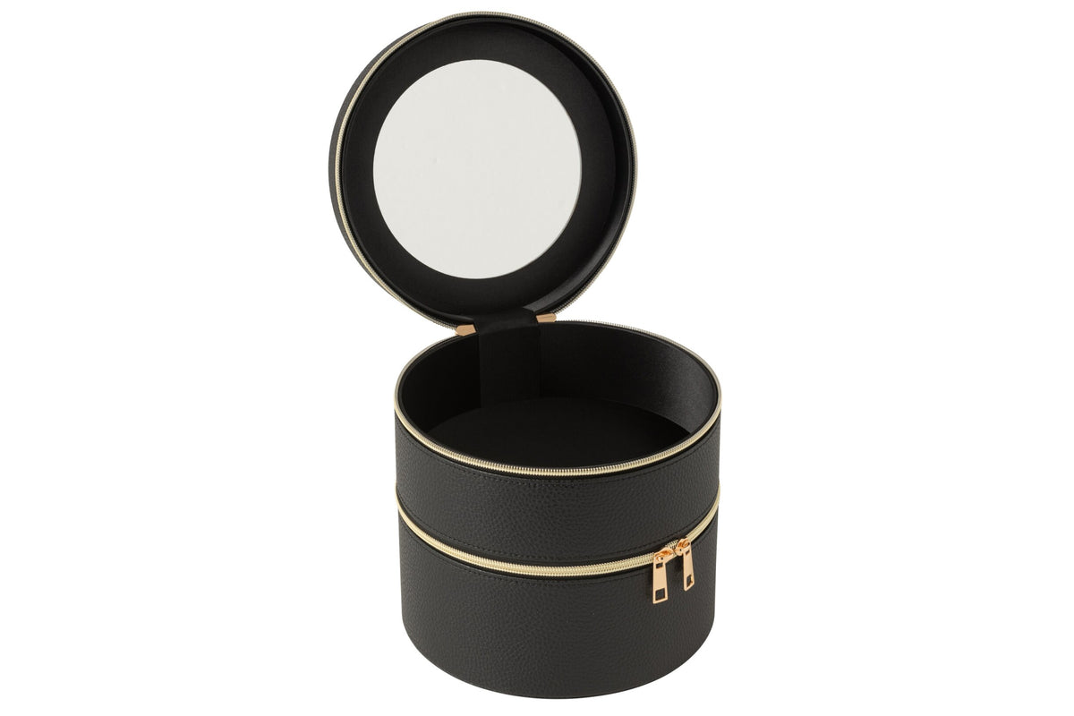 Cosmetica doos rond + spiegel kunst leer zwart